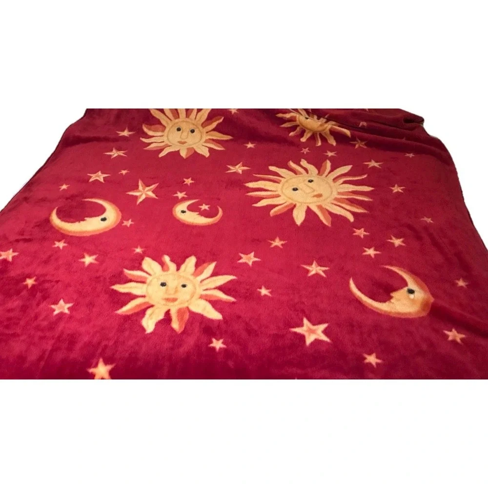 Vintage Blanket Celestial Sun Moon Stars Red Mink Fleece 95x78
